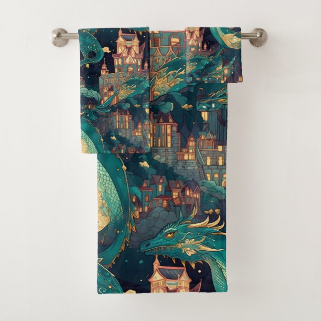 Conjunto De Toalhas Maiestosos Dragões Teais e Aldeia (Insitu)