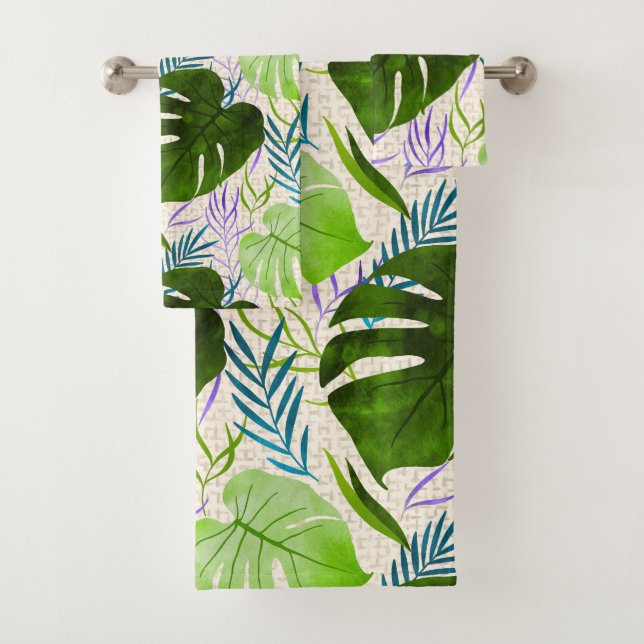 Conjunto De Toalhas Maleah Monstera Tropical Havaiana Aquarela Verde (Insitu)