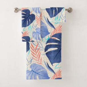 Conjunto De Toalhas Maleah Monstera Tropical Havaiana - Azul