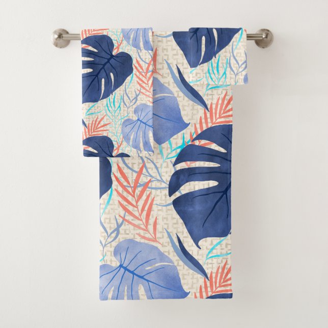 Conjunto De Toalhas Maleah Monstera Tropical Havaiana - Azul (Insitu)