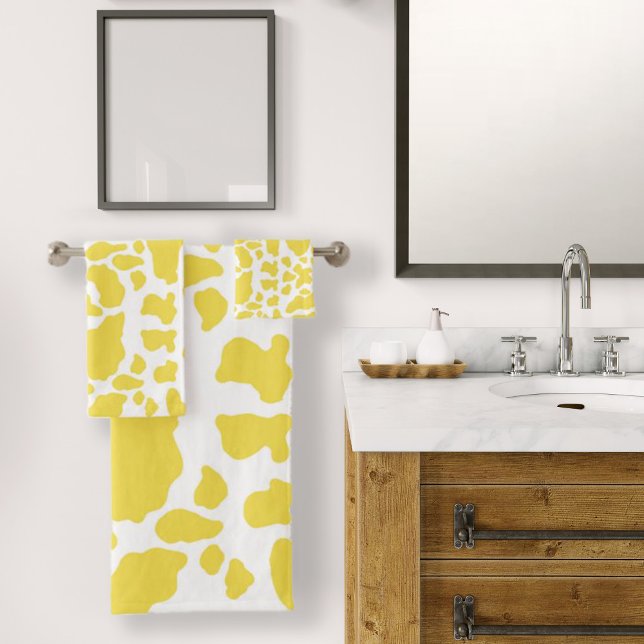 Conjunto De Toalhas Manchas amarelas da vaca Padrão de impressão anima (Yellow Cow Spots Animal Print Pattern Bath Towel Set by Looly Elzayat)