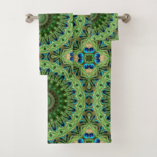 Conjunto De Toalhas Mandala de Pena de Pavão Esmeralda e Azul Simetria