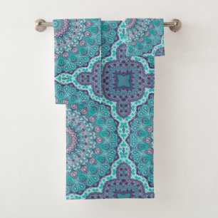 Conjunto De Toalhas Mandala em Aquarela em Azul-turquesa e Roxo