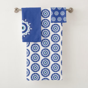 Conjunto De Toalhas Mandala Grego Mau Olho Padrão Azul Branco