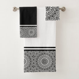 Conjunto De Toalhas Mandala Preto-Branco Moderno