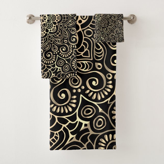 Conjunto De Toalhas Mandalá Preto Dourado Elegante e Sofisticado (Insitu)