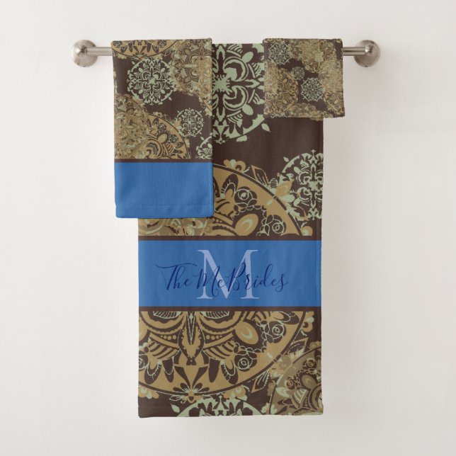 Conjunto De Toalhas Mandalas Boho Mal-humorados Azuis e Marrons Monogr (Insitu)