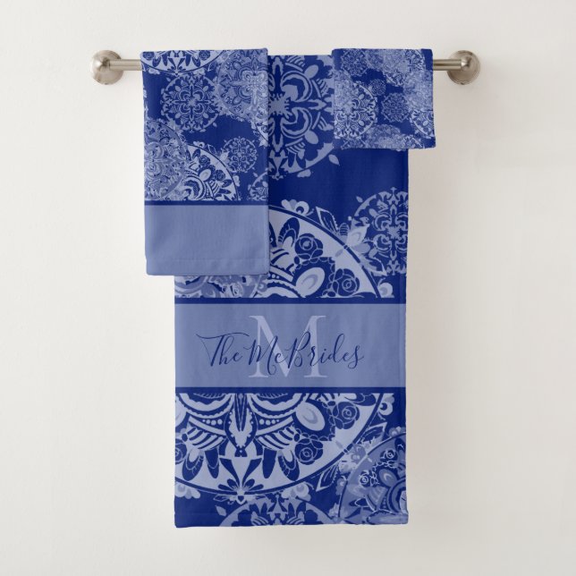 Conjunto De Toalhas Mandalas Boho Mal-humorados Azul Monogramado (Insitu)