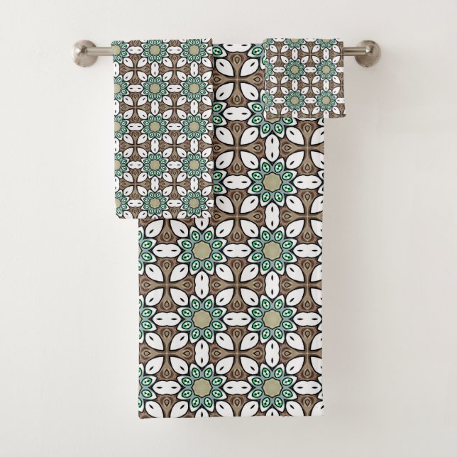 Conjunto De Toalhas Mandalas geométricas em turquesa, marrom e branco (Insitu)