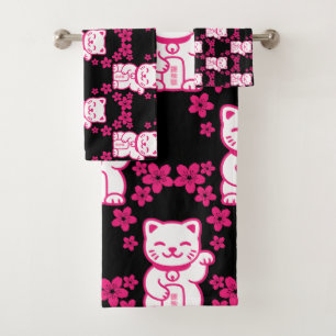 Conjunto De Toalhas Maneki-neko japonês rosa