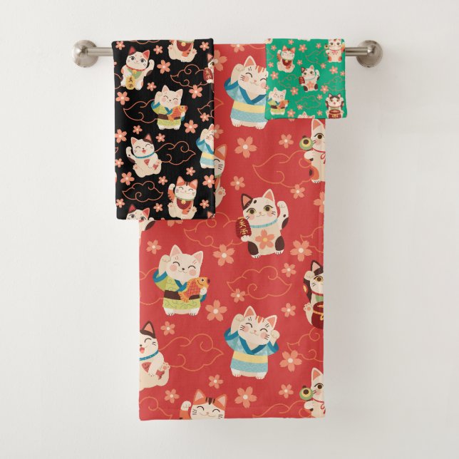 Conjunto De Toalhas Maneki Neko Lucky Cats Bath Towel Set (Insitu)