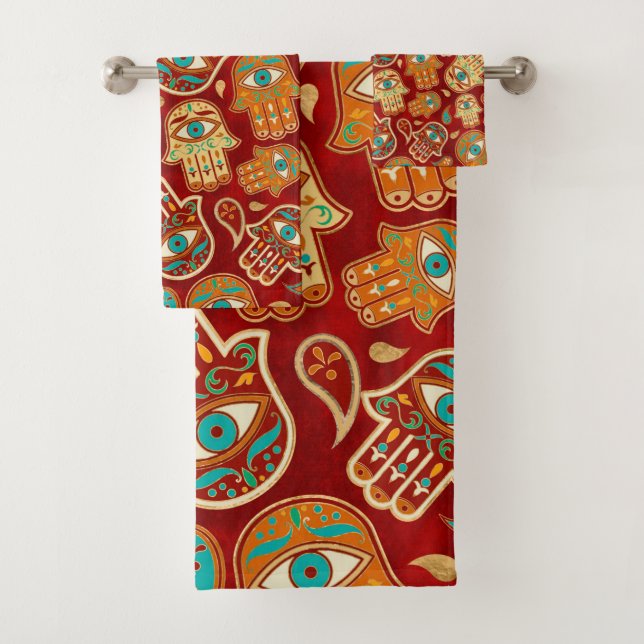 Conjunto De Toalhas Mão de Hamsa - Mão de Fátima Teal Terracotta (Insitu)