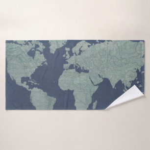 Conjunto De Toalhas Mapa do Mundo de Linen Azul