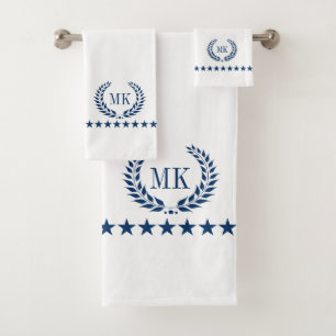 Conjunto De Toalhas Marinho Azul Branco Laurel Wreath Monograma