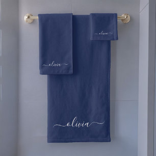 Conjunto De Toalhas Marinho Azul Branco Script Moderno Girn Nome do Mo