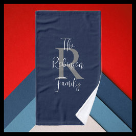 Conjunto De Toalhas Marinho Azul Cinza Branco Nome da família Monogram