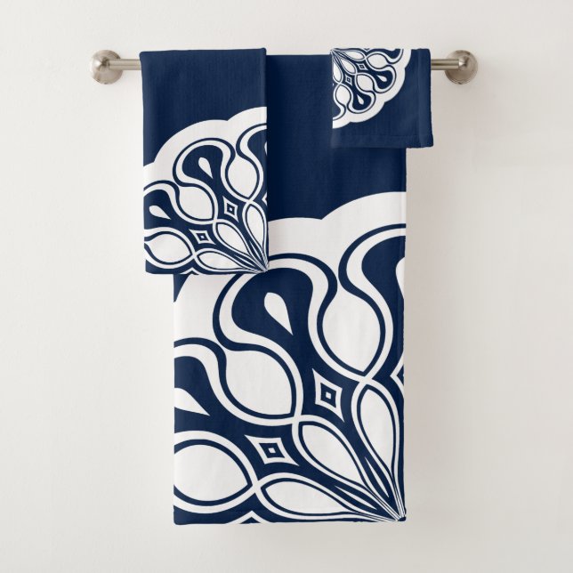 Conjunto De Toalhas Marinho Azul e Branco Abstrato moderno Mandala (Insitu)