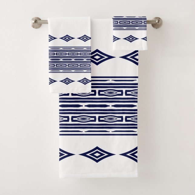 Conjunto De Toalhas Marinho Azul e Branco Aztec Padrão Tribal Striped (Insitu)