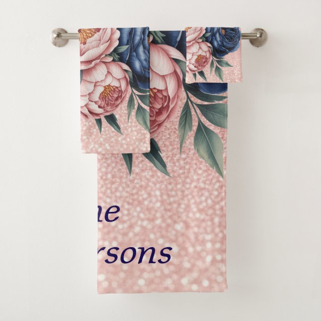 Conjunto De Toalhas Marinho azul e Rosa Dourado Floral (Insitu)