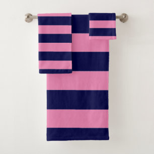 Conjunto De Toalhas Marinho Azul e Rosas claro de faixas náuticas