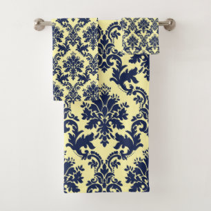 Conjunto De Toalhas Marinho azul vintage damascos florais em amarelo c