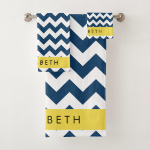 Conjunto De Toalhas Marinho Azul Zigzag, Marinho Blue Chevron, Seu Nom