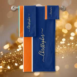 Conjunto De Toalhas Marinho Blue Orange Racpes Faux Dourado Monograma