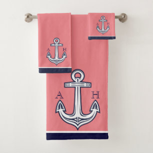 Conjunto De Toalhas Marinho Branco de Coral de Banho de Âncora Náutica
