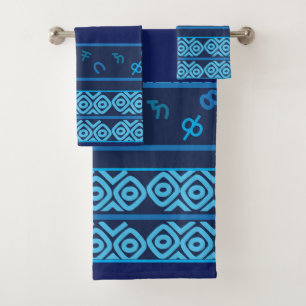 Conjunto De Toalhas Marinho com Pale Turquesa Padrão Etíope T