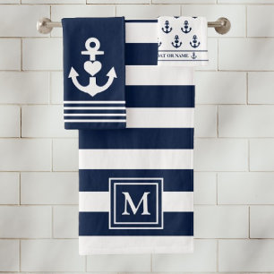 Conjunto De Toalhas Marinho de Âncora do Coração Náutico White Stripes