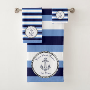 Conjunto De Toalhas Marinho de Âncora Náutica Blue Wedgwood, listrado