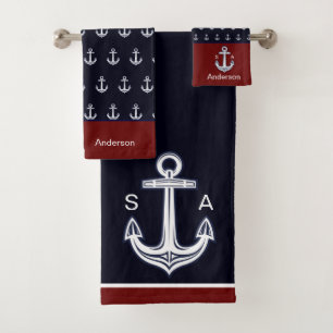 Conjunto De Toalhas Marinho de Âncora Náutica Monograma Marrom Branco