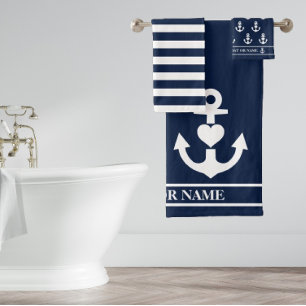 Conjunto De Toalhas Marinho de Âncora Náutica Personalizada - Faixa Br