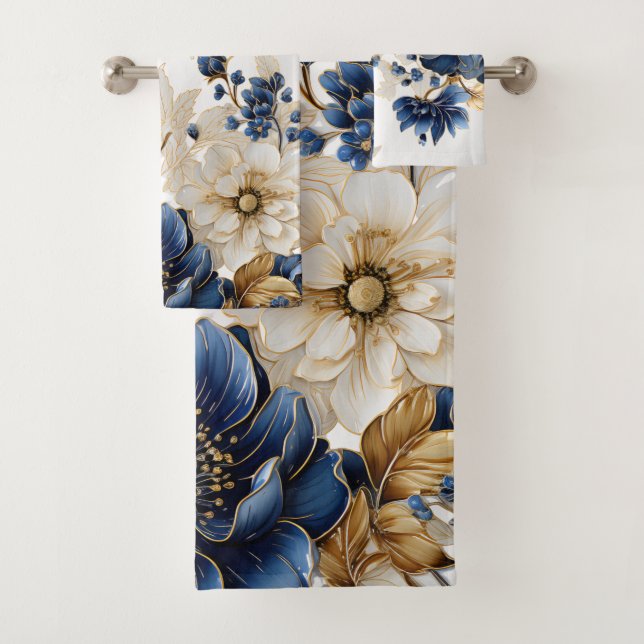 Conjunto De Toalhas Marinho de Aquarela Ouro Branco Azul Prata Floral (Insitu)