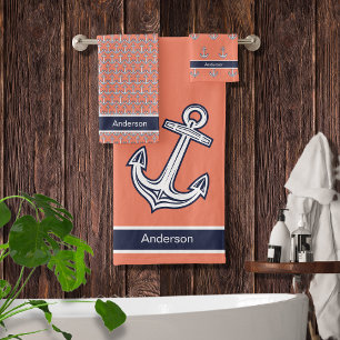 Conjunto De Toalhas Marinho de Banho de Âncora Náutica Personalizada