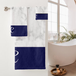 Conjunto De Toalhas Marinho de Estilo Marble Monograma Azul Banho Inic