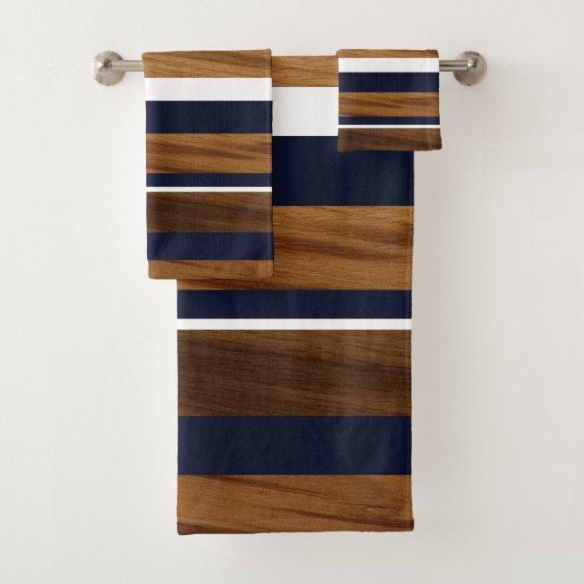 Conjunto De Toalhas Marinho De Madeira Banhas Brancas Azuis #1 (Insitu)