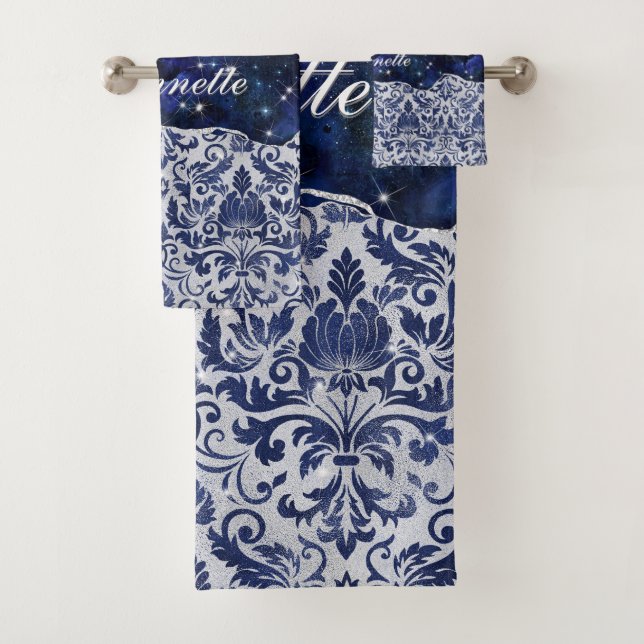 Conjunto De Toalhas Marinho floral chic Monograma de prata azul (Insitu)