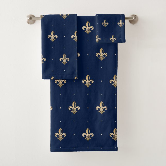 Conjunto De Toalhas Marinho Luxuoso Dourado Fleur de Lis (Insitu)