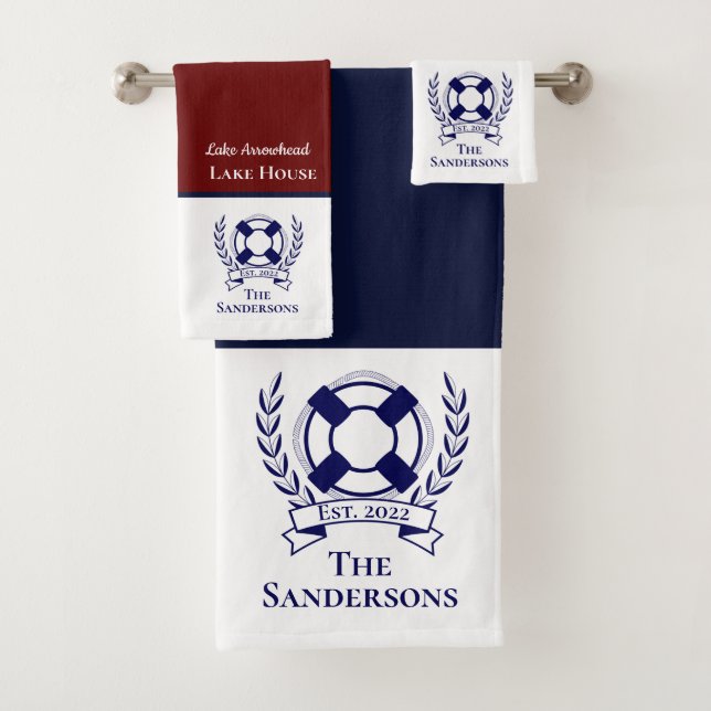 Conjunto De Toalhas Marinho Moderno Náutico Azul Monograma Lago House  (Insitu)