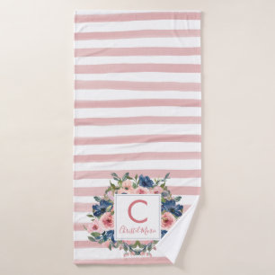 Conjunto De Toalhas Marinho Monograma Floral Azul