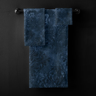 Conjunto De Toalhas Marinho Velvity Damask | Azul Escuro Barroco