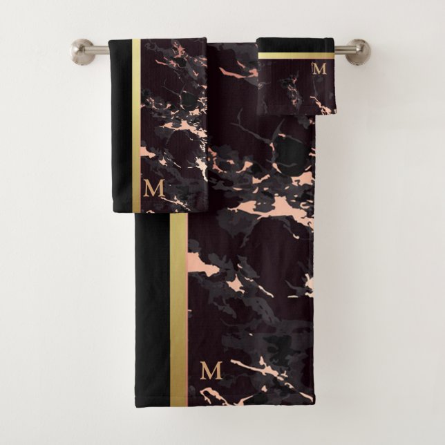 Conjunto De Toalhas Mármaco Dourado Preto De Luxo Monograma (Insitu)