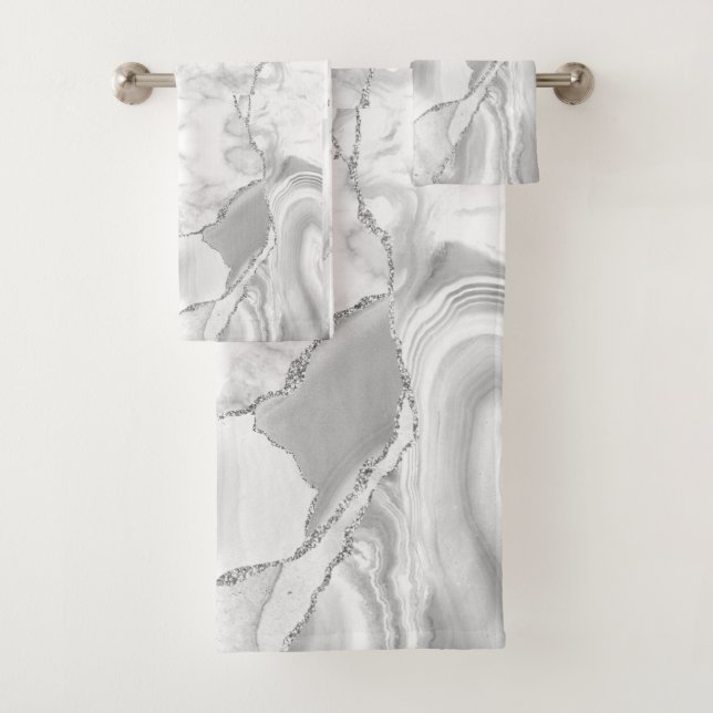 Conjunto De Toalhas Mármore Abstrato Branco Moderno Prata Ágata (Insitu)