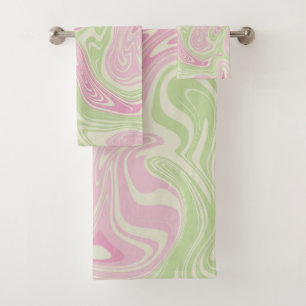 Conjunto De Toalhas Mármore Abstrato Rosa Verde Listra Ondulada Modern
