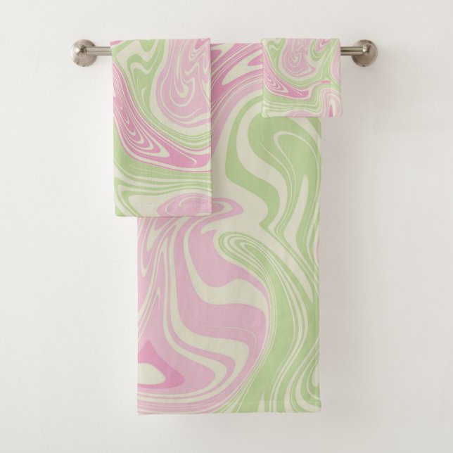 Conjunto De Toalhas Mármore Abstrato Rosa Verde Listra Ondulada Modern (Insitu)