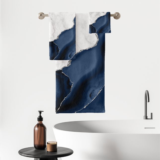 Conjunto De Toalhas Mármore Branco Ágata Azul-Marinho Brilho Prateado (Criador carregado)
