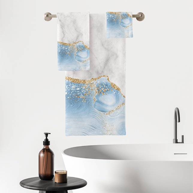 Conjunto De Toalhas Mármore Branco Ágata Azul Pastel Brilho Dourado (Criador carregado)