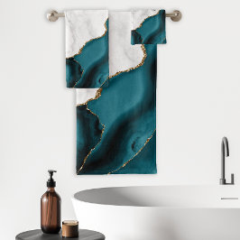 Conjunto De Toalhas Mármore Branco Ágata Azul Turquesa Dourado