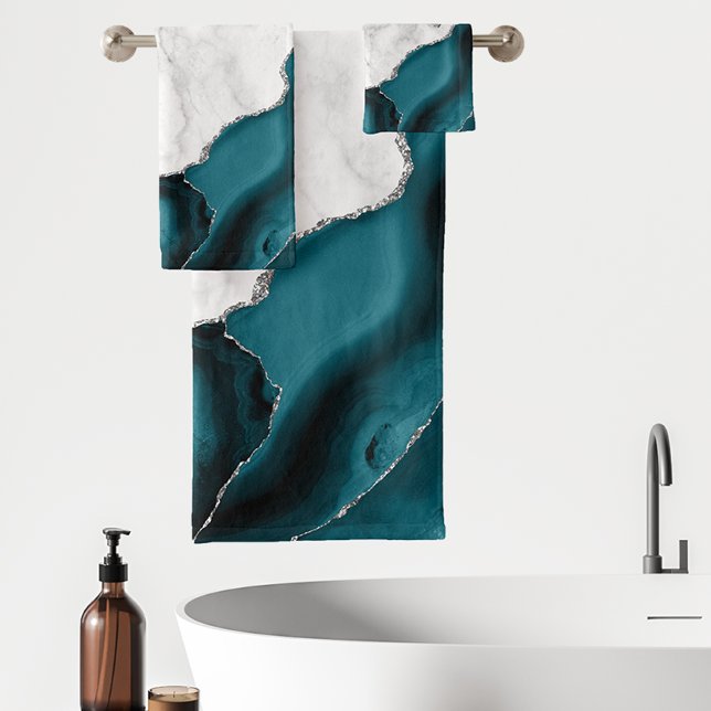 Conjunto De Toalhas Mármore Branco Ágata Azul Turquesa Prata (Criador carregado)